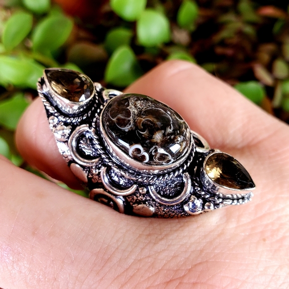 New Turtella Agate Fossil and Smoky Quartz 925 Silver Statement Ring. - Picture 12 of 16